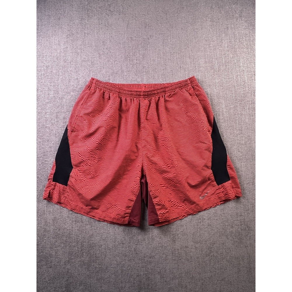 Nike Dri Fit Shorts Women L 28x6 Red Striped Running Wicking Pockets Drawstring